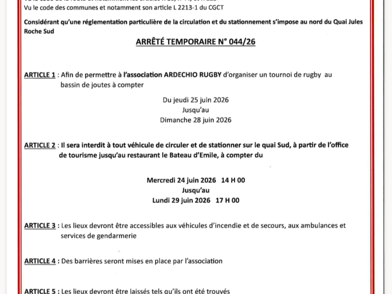 Arrêté stationnement pendant Beach rugby