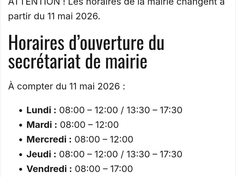Changement d'horaires mairie