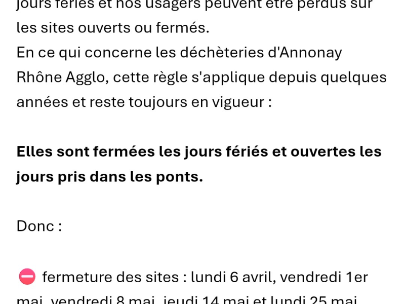 Horaires d'ouverture déchetterie jours fériés