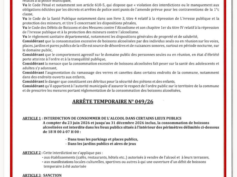 Arrêté interdiction consommation alcool sur la voie publique